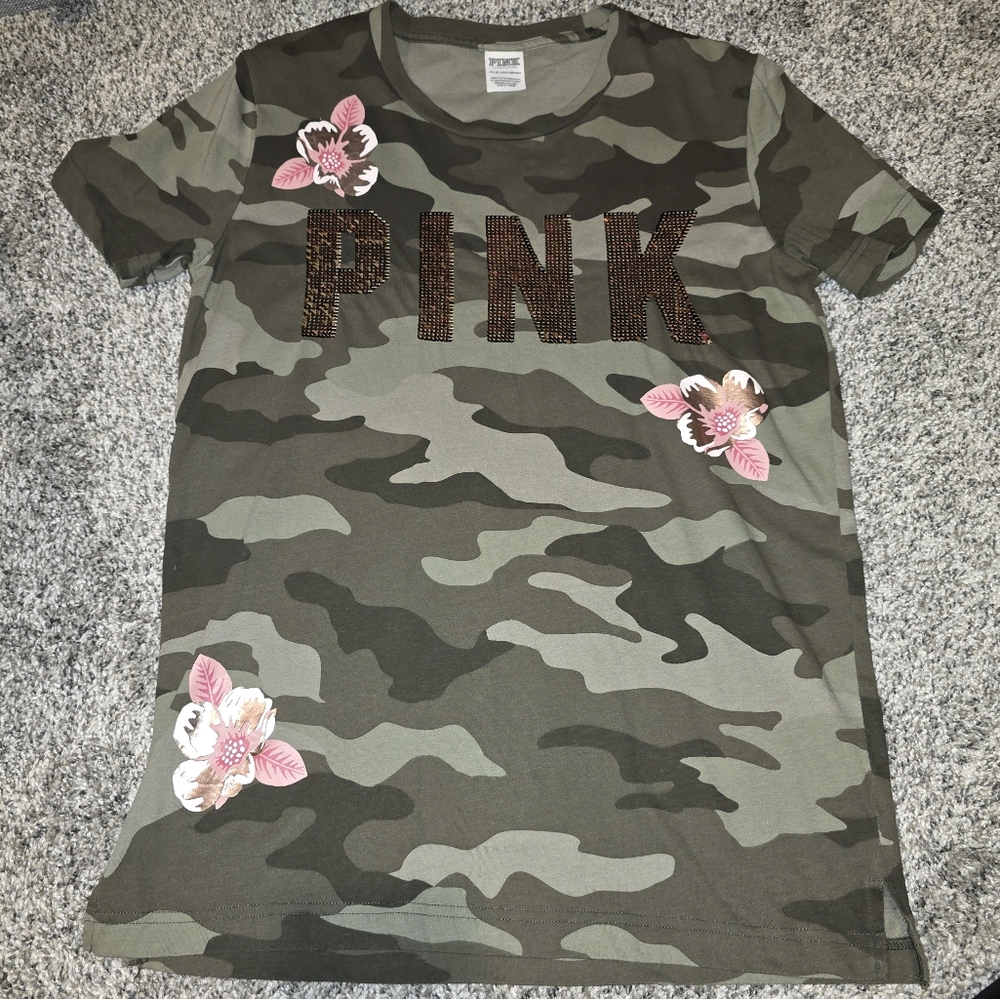 PINK Victoria's Secret Camouflage And Sequined Short Sleeve Tee